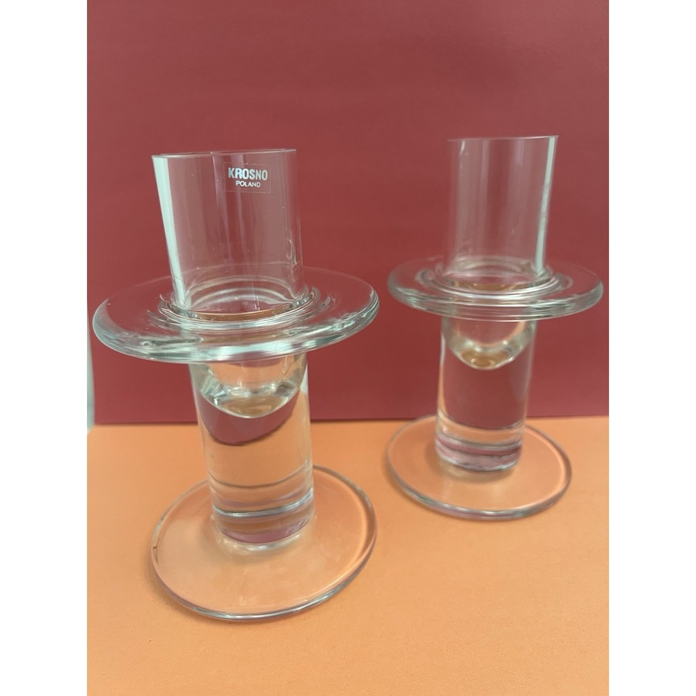 Vintage Krosno Glass Candle Holders Poland 2 Candle Stick Clear Tall Deco